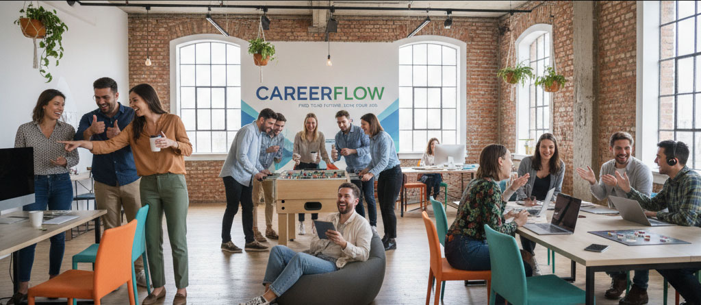 A vibrant office with teams collaborating and working together.